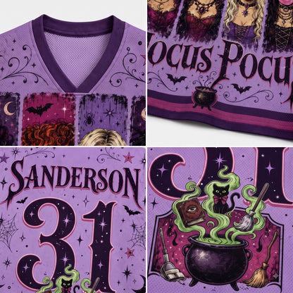 A purple V-neck athletic-style shirt shown in a four-panel collage, featuring Halloween-themed graphics including the word 'Pocus', a cauldron with green smoke, bats, spiderwebs, and the name 'Sanderson' with the number 31.