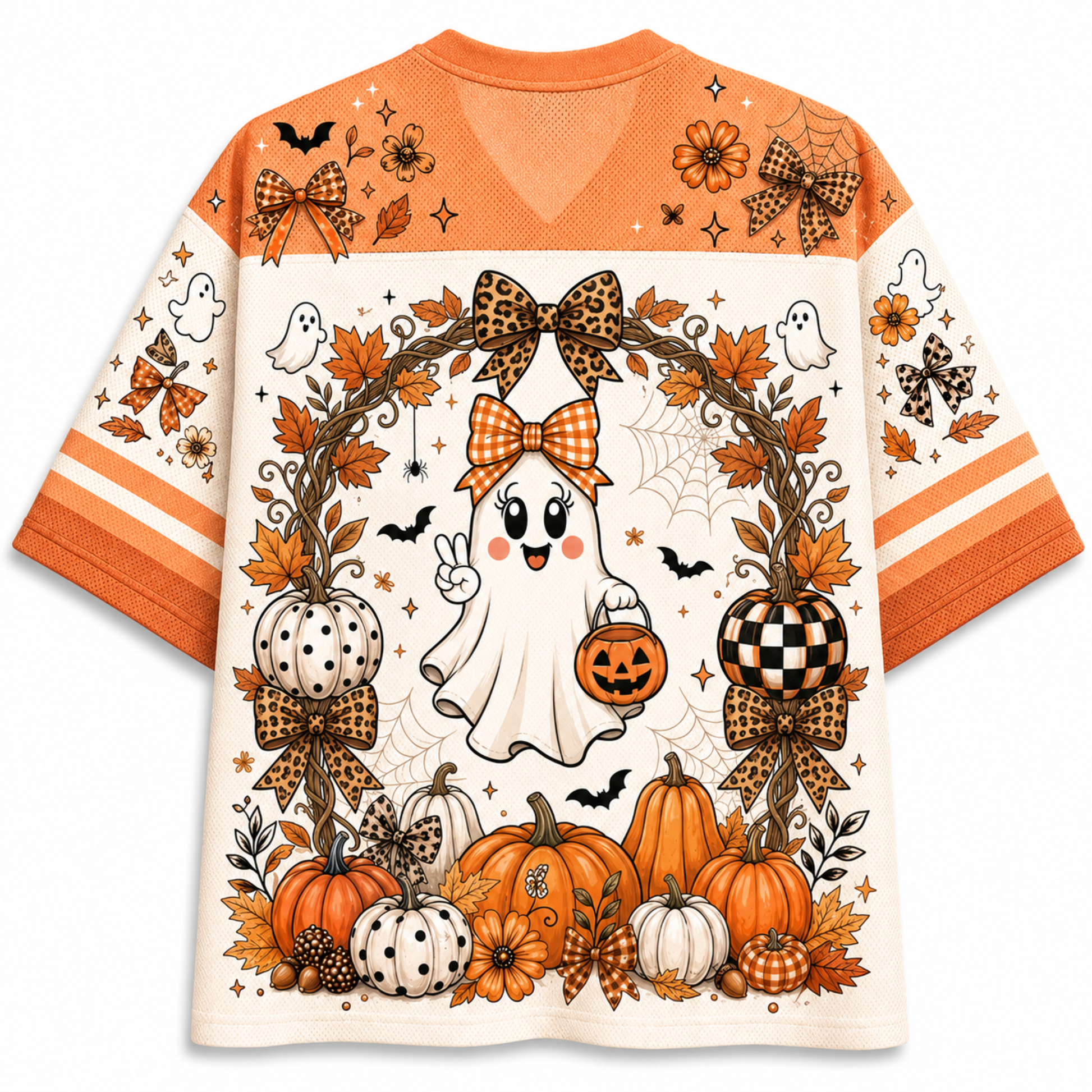 A short-sleeve V-neck t-shirt with a vibrant orange and cream Halloween theme. The shirt features a central cartoon ghost holding a jack-o'-lantern, framed by a wreath of autumn leaves, spiderwebs, leopard-print bows, pumpkins, and ghosts.