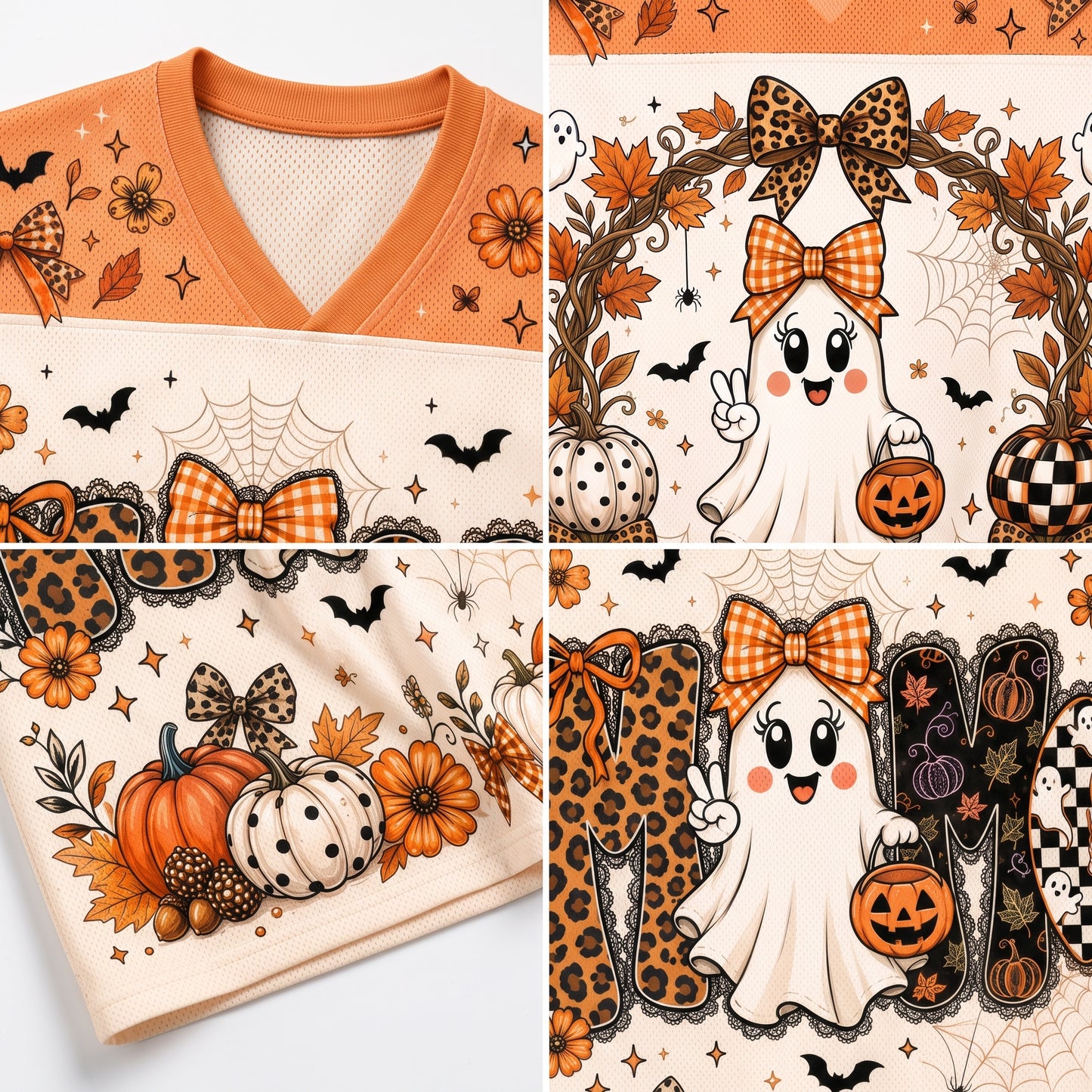 A four-panel close-up collage showing a Halloween-themed V-neck top with orange collar and a cream body printed with autumn leaves, pumpkins, ghosts, bats, spiderwebs, leopard-print bows, and checkered motifs.