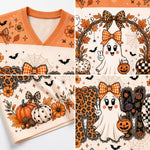 A four-panel close-up collage showing a Halloween-themed V-neck top with orange collar and a cream body printed with autumn leaves, pumpkins, ghosts, bats, spiderwebs, leopard-print bows, and checkered motifs.