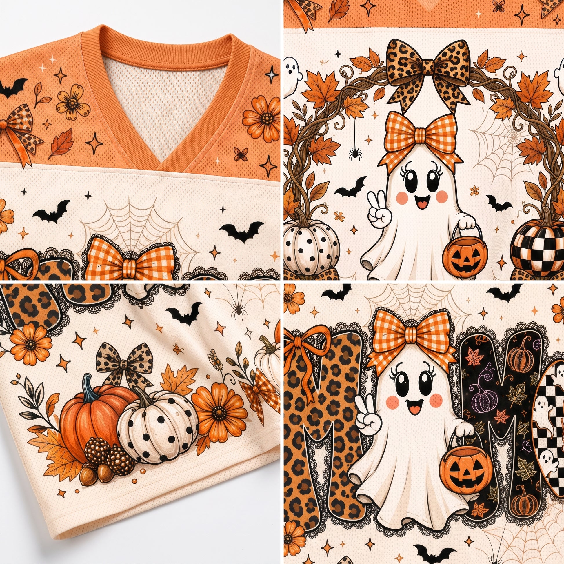 A four-panel close-up collage showing a Halloween-themed V-neck top with orange collar and a cream body printed with autumn leaves, pumpkins, ghosts, bats, spiderwebs, leopard-print bows, and checkered motifs.