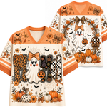 A Halloween-themed V-neck t-shirt shown from both front and back views. The shirt features a cream base with orange trim and a detailed graphic print of a smiling ghost, pumpkins, bats, spiders, and the word 'Halloween' in patterned letters.