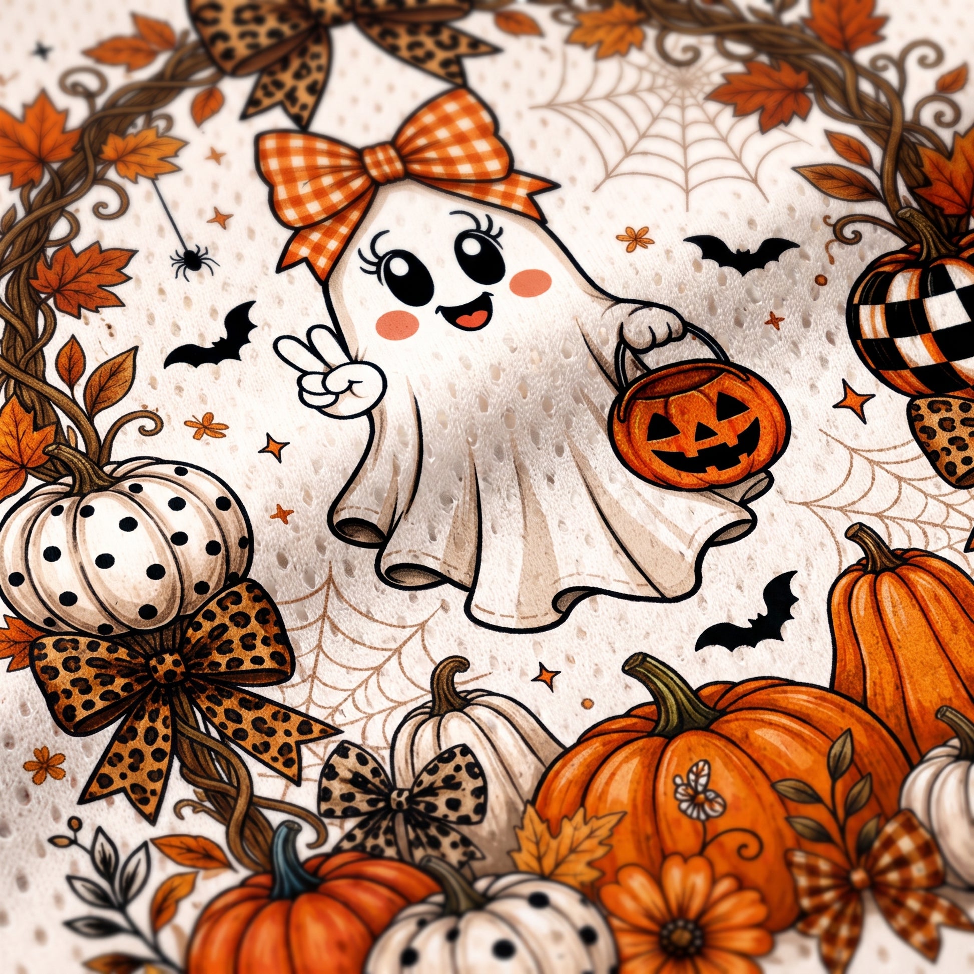 A festive Halloween-themed illustration featuring a cute cartoon ghost holding a jack-o'-lantern bucket, surrounded by pumpkins, spiderwebs, bats, and autumn leaves on a cream background.