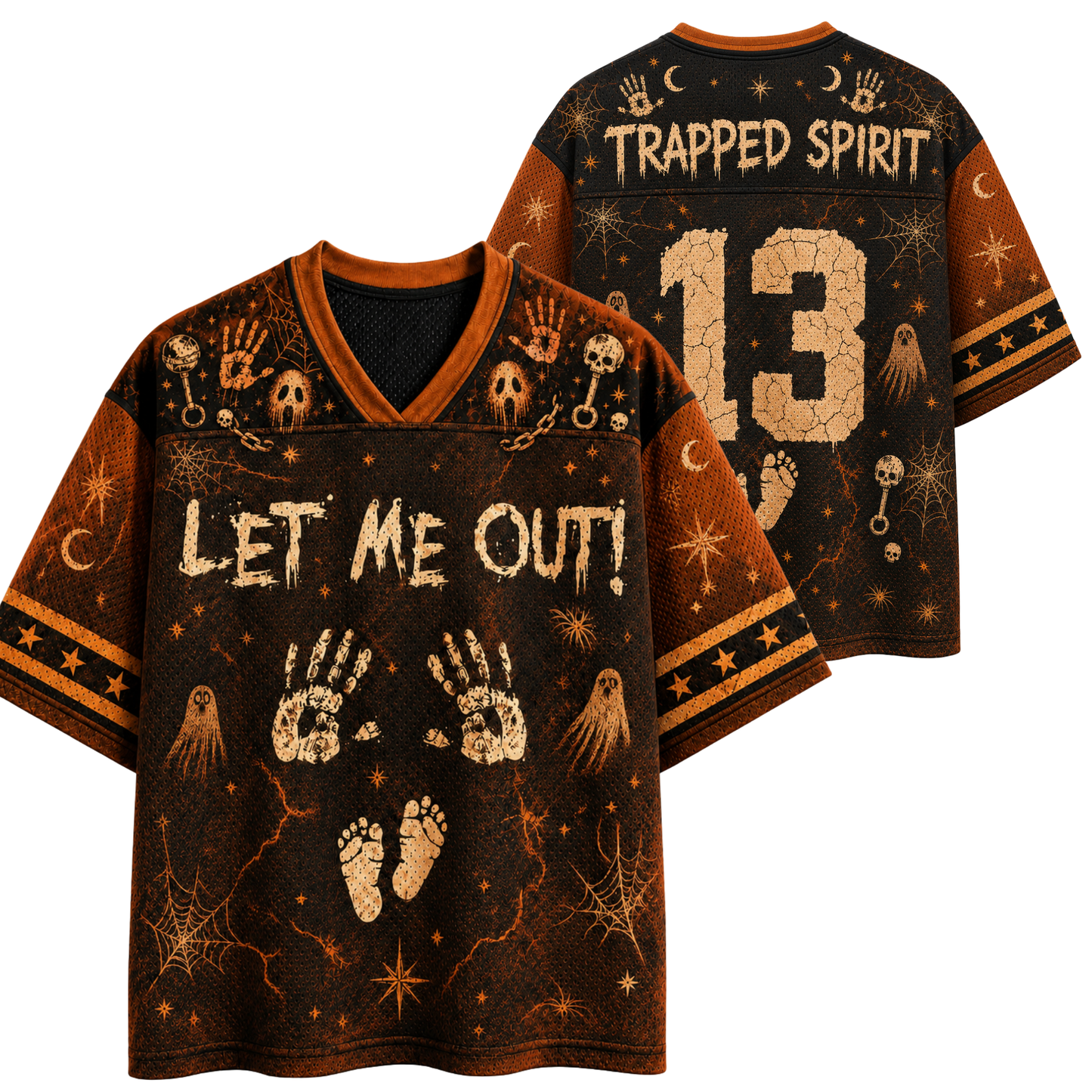 A Halloween-themed V-neck jersey shown from the front and back. The dark brown base features a distressed tan print with skulls, handprints, footprints, ghosts, stars, and webs.