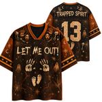 A Halloween-themed V-neck jersey shown from the front and back. The dark brown base features a distressed tan print with skulls, handprints, footprints, ghosts, stars, and webs.