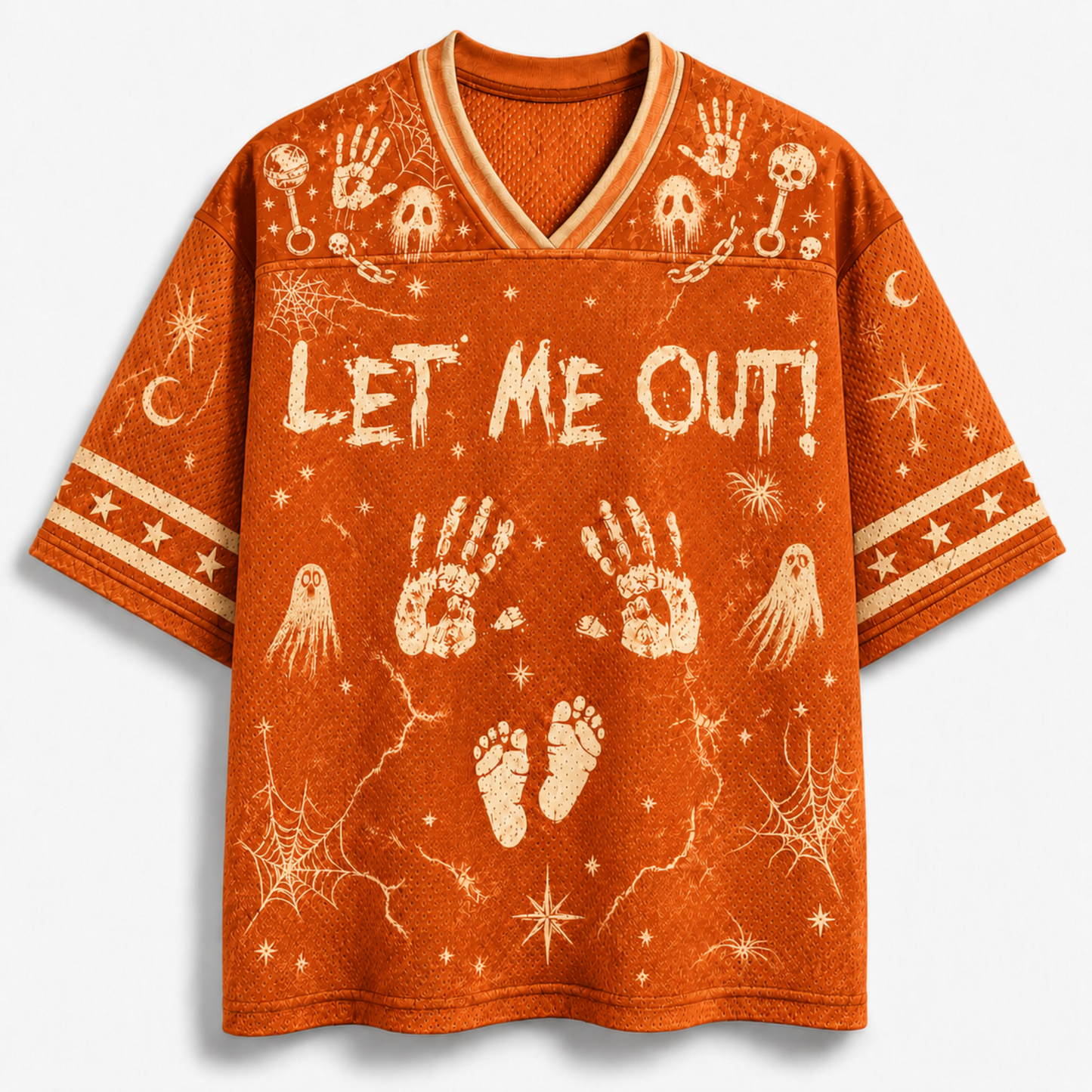 An orange short-sleeve V-neck t-shirt with a distressed cream-colored Halloween graphic print featuring the text 'LET ME OUT!' along with handprints, ghosts, stars, and footprints.