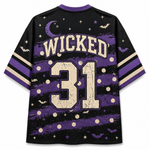 A black and purple short-sleeve jersey-style shirt with a distressed Halloween theme, featuring the word 'WICKED' and the number '31' on the back, along with stars, moons, bats, and polka dots.