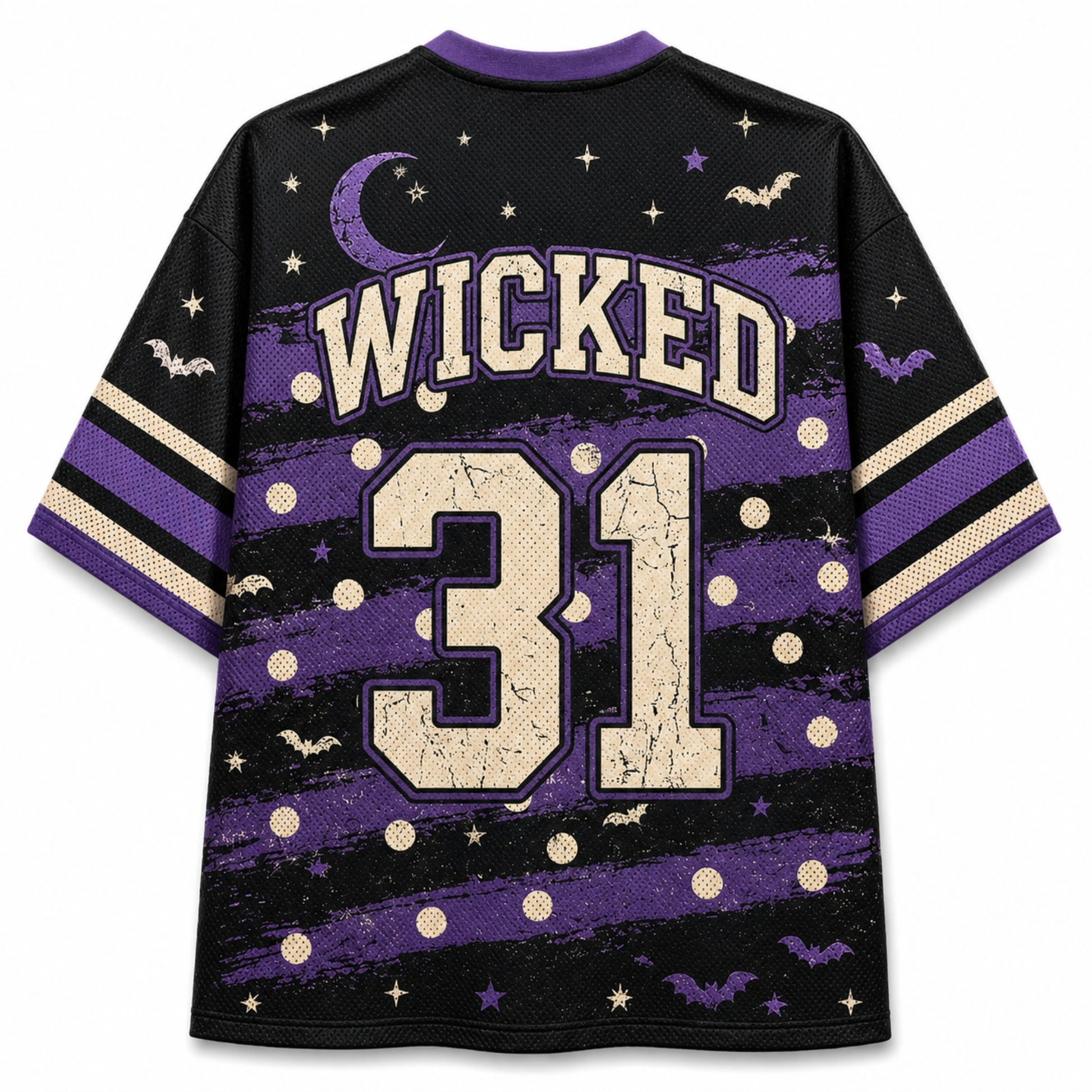 A black and purple short-sleeve jersey-style shirt with a distressed Halloween theme, featuring the word 'WICKED' and the number '31' on the back, along with stars, moons, bats, and polka dots.