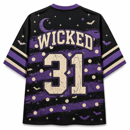 A black and purple short-sleeve jersey-style shirt with a distressed Halloween theme, featuring the word 'WICKED' and the number '31' on the back, along with stars, moons, bats, and polka dots.
