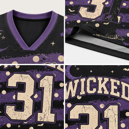 A four-panel close-up collage of a black and purple sports jersey with a distressed graphic print. The panels show the V-neck collar with purple trim, the side seam and mesh lining, the large number 31 in cream with distressed detailing, and part of the name 'WICKED' above the number.