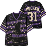 A black and purple short-sleeve V-neck jersey-style shirt with a witch hat graphic, stars, moons, bats, and the word 'WICKED' and number '31' on the back, shown on a plain white background.