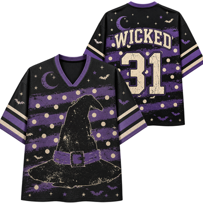 A black and purple short-sleeve V-neck jersey-style shirt with a witch hat graphic, stars, moons, bats, and the word 'WICKED' and number '31' on the back, shown on a plain white background.