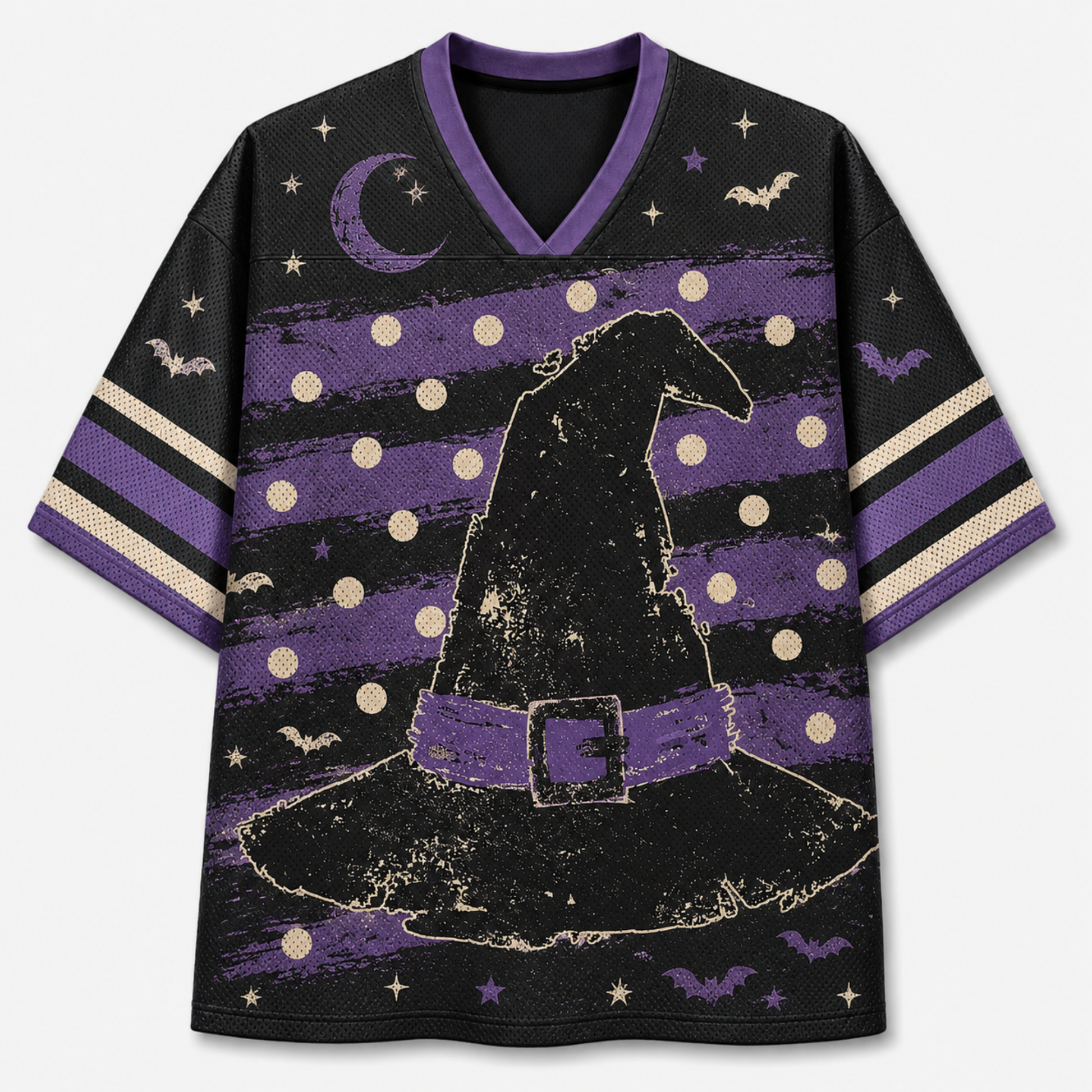 A short-sleeve V-neck t-shirt with a Halloween theme, featuring a large distressed black witch hat graphic on a purple and black striped background with stars, moons, and bats.