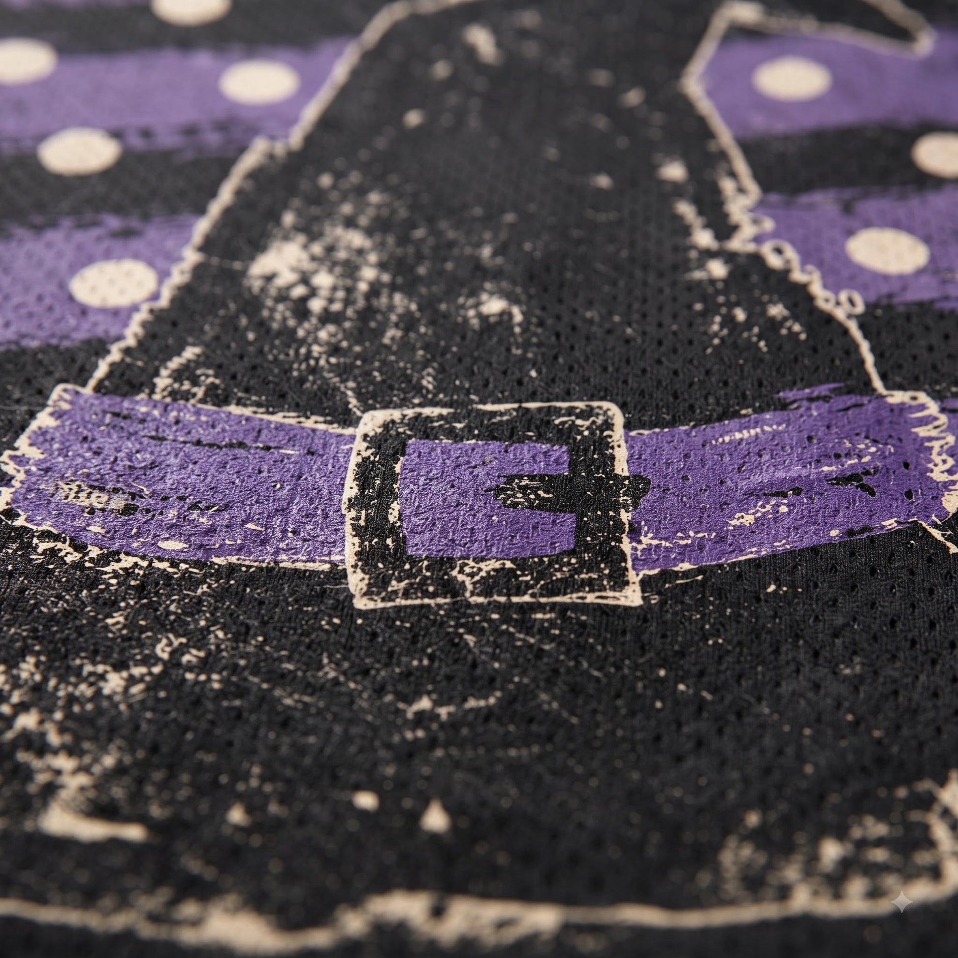 Close-up of a black mesh fabric printed with a distressed purple witch hat design featuring white polka dots and a buckle motif.