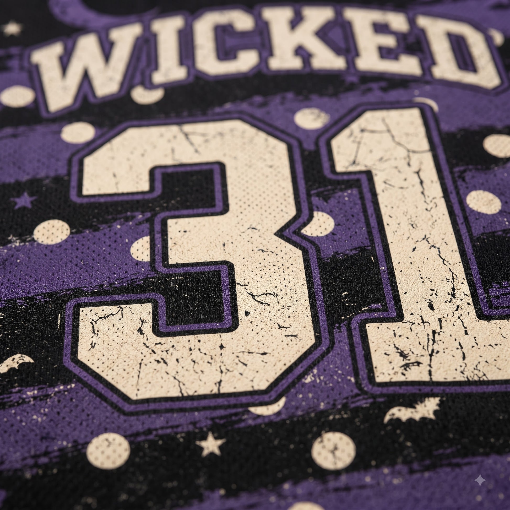 Close-up of a purple and black graphic fabric featuring the word 'WICKED' in distressed cream lettering above the number '31' in cream with purple outlines, decorated with cream stars and dots.